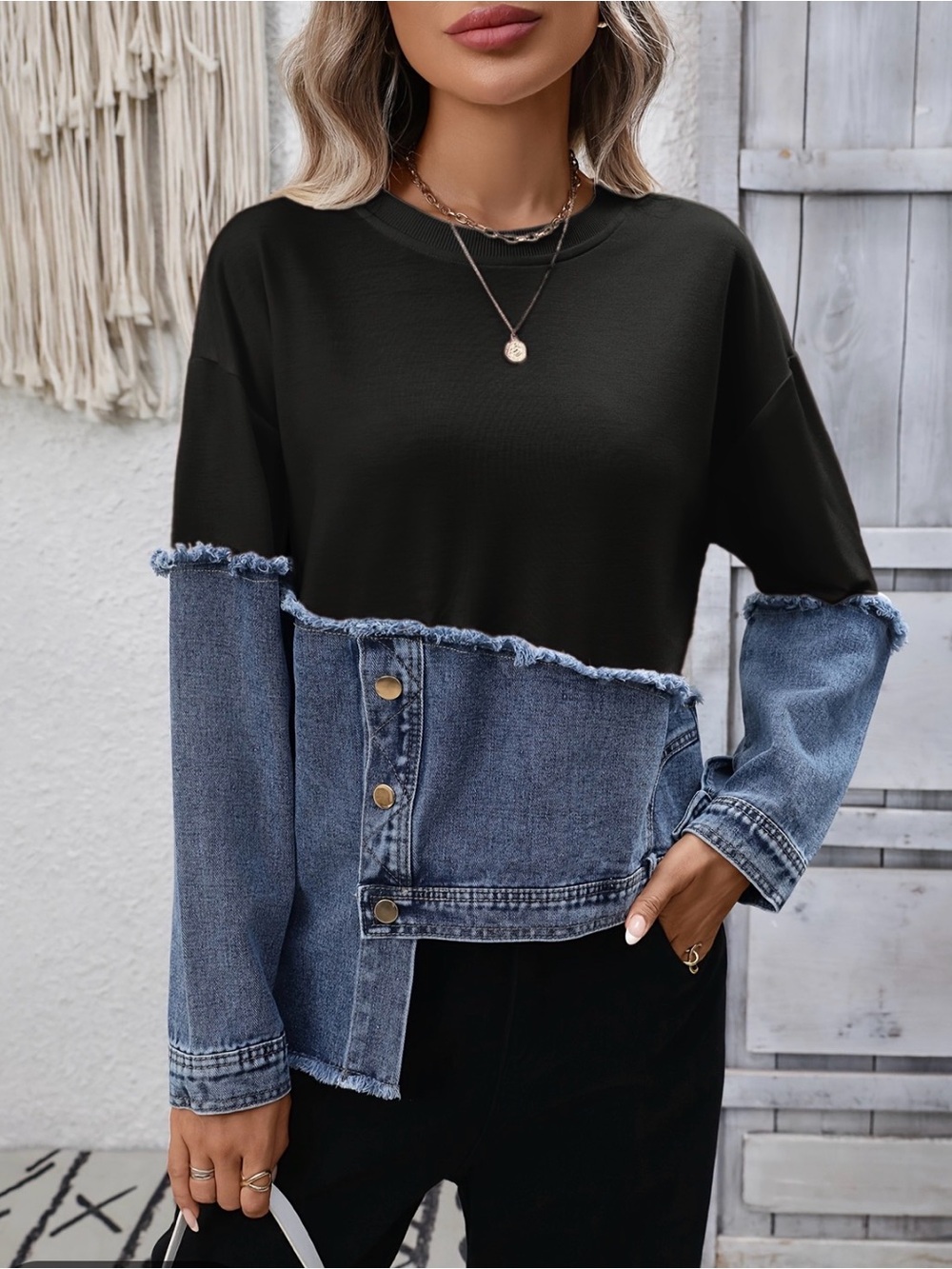 Black and Denim Colorblock Long Sleeve Top